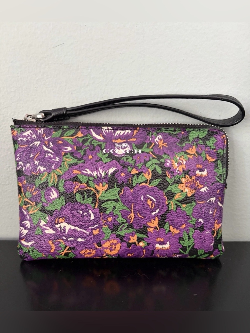 COACH Wallet Clutch Wristlet Meadow Rose Purple Floral Signature Coated/ Leather